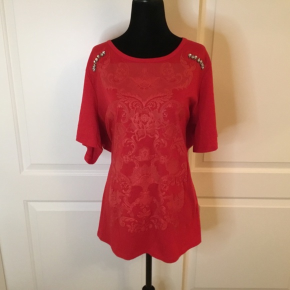 Portez Le Souvire Red Short Sleeve Top Size 2X - Picture 2 of 6
